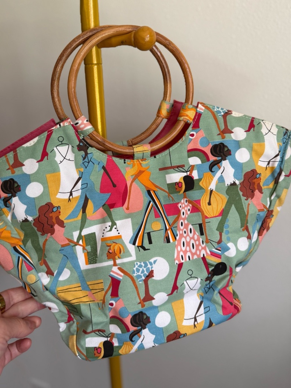 Neiman Marcus Novelty Print Bag Bamboo Handles Colorful Fabric Handbag